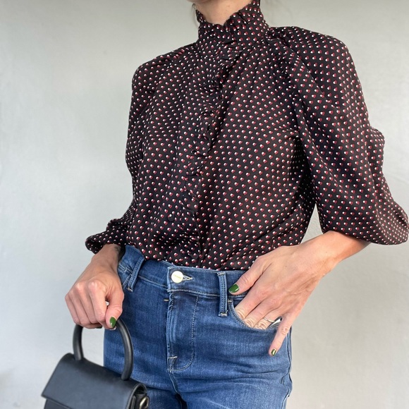 Frame Denim Tops - FRAME Grace Heart Print Ruffle Trim Silk Top